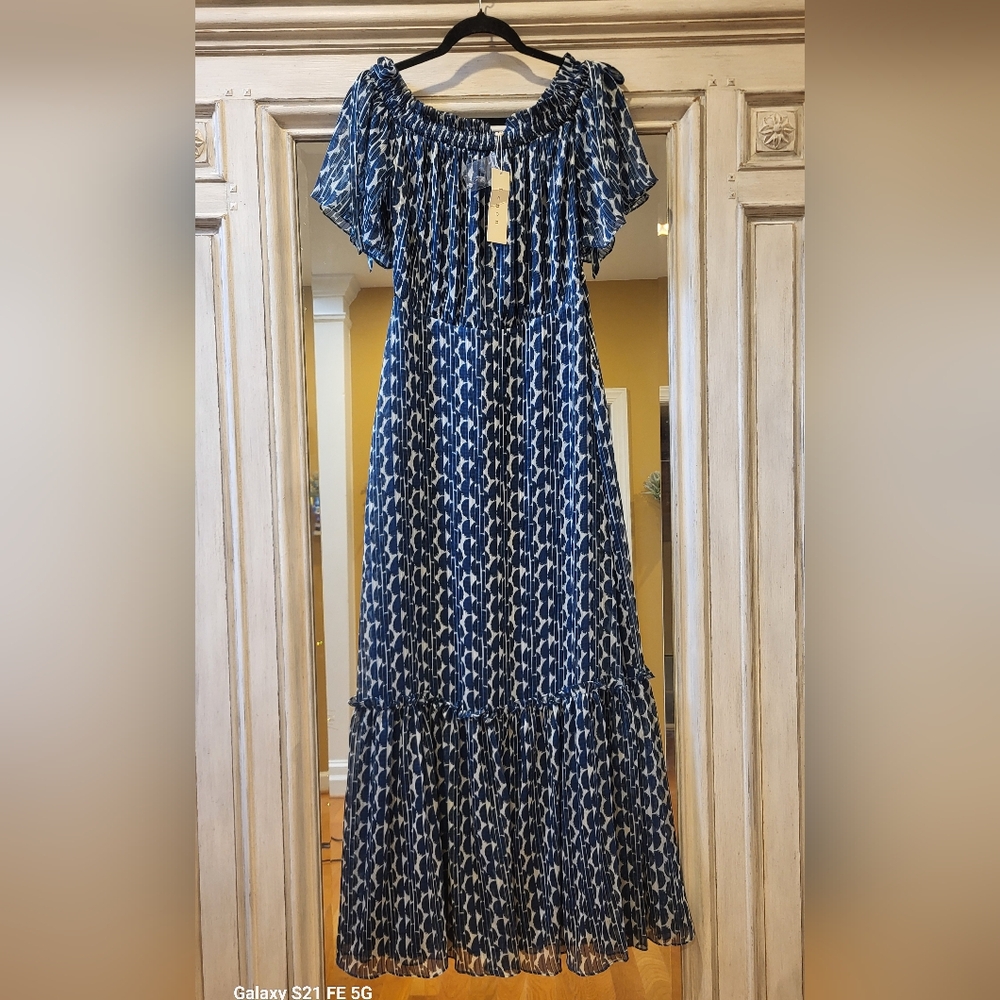 Lenon x Anthropologie Blue/White Off Shoulder Tiered Maxi Dress SZ M NWT